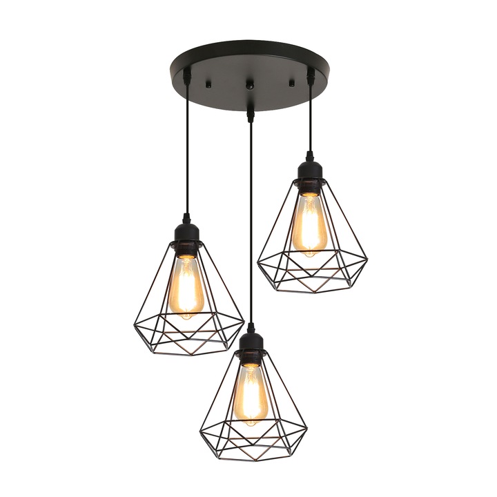 LED пендел, Индустриален стил, Goeco, Metal, E27, Черна