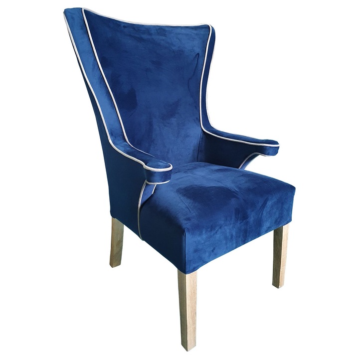 Fotoliu albastru, 63 cm x 63 cm x107 cm, picior stejar