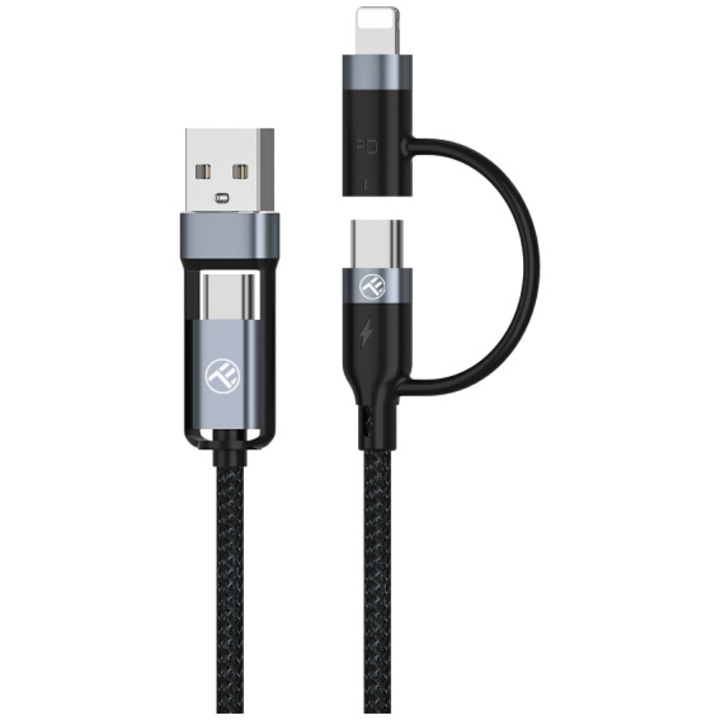 Tellur kábel, 4 az 1-ben, USB/Type-C-C Type-C (PD65W)/Lightning (PD20W), 1m, fekete