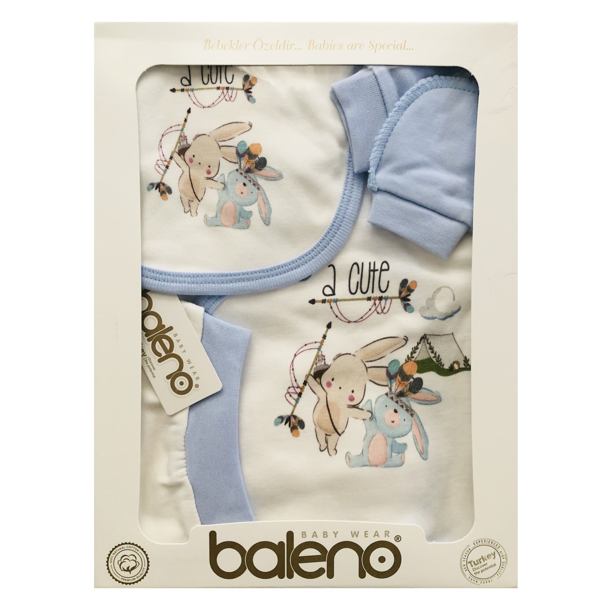Set Cadou Bebelusi Baieti Baleno Baby Wear Model Bunnies Adventures 0 3 Luni 5 Piese 100 Bumbac Antialergic Alb Albastru Emag Ro