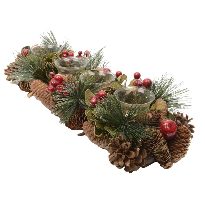 Decoratiune Craciun cu 4 suporturi lumanari, Kaemingk, conuri de brad, 48cm, Rosu