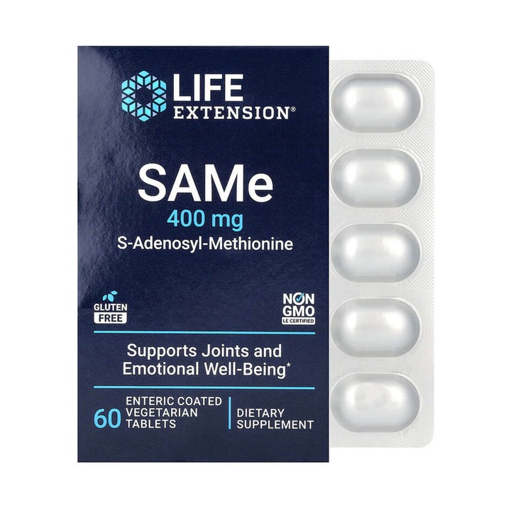 Supliment Alimentar, Life Extension, Sam-E (S-Adenozil-Metionina), Tablete Enterice, 60 Capsule, Fara Omg, Pentru Barbati, Sustine Functiile Ficatului Si Articulatiilor, Mentine O Dispozitie Stabila