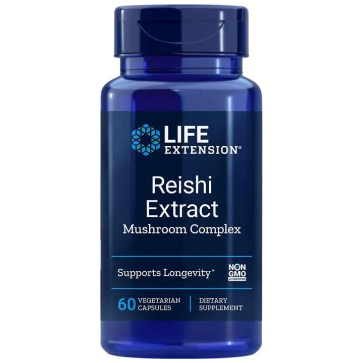 Supliment Alimentar, Life Extension, Media, Extract Din Ciuperci Reishi Cu Spectru Larg De Actiune, Vegetarian, Standardizat Pe Continutul De Triterpene Si Spori, Fara Omg, 60 Capsule