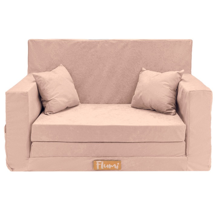 Canapea extensibila pentru copii din spuma, model mikrofaza, 2 locuri, husa detasabila si lavabila, kolor roz, Flumi