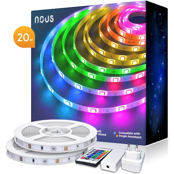 Banda LED RGB inteligenta Nous F3, Wi-Fi, 36W, IP44, lumina colorata, compatibil Amazon Alexa/Google Home, 20m (2x10m)