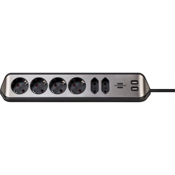Разклонител Brennenstuhl Estilo, За стена/ъгъл, 6 гнезда, 2xUSB, 3.1 A, Кабел H05VV-F 3G1.5, 2 м, Сребрист/Черен