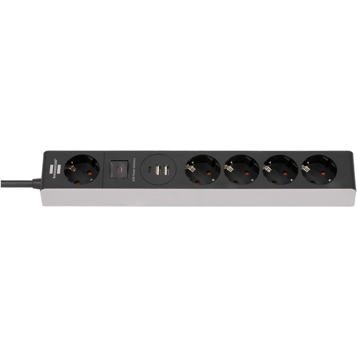 Разклонител Brennenstuhl Premium-line, 5 гнезда, 2xUSB 2400 mA, Power Delivery USB-C 45W, 2.4A, Бутон On/Off, Бързо зареждане, Кабел 1.5 м