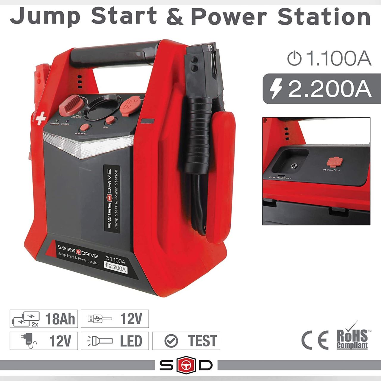 Robot pornire auto 12V, 1100/2200A cu acumulator portabil 12v si