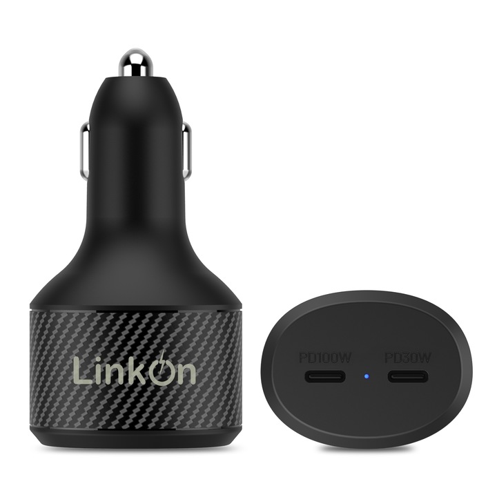 Зарядно за кола LinkOn, 130W, За Лаптопи, Таблети, Телефони, 100W USB-C PD3.0 PPS, 30W USB-C PD3.0 PPS, MacBook Pro, Dell, HP, Chromebook, Lenovo, Карбон/Черно