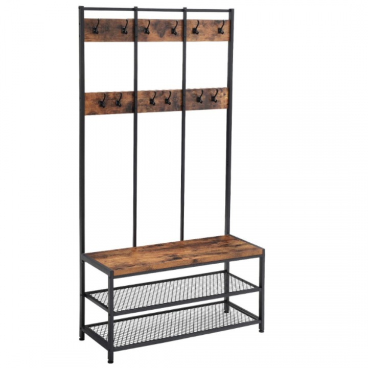 Suport de haine Nino Duo, cu rafturi largi pentru pantofi si banca, 184 cm, Maro/Negru