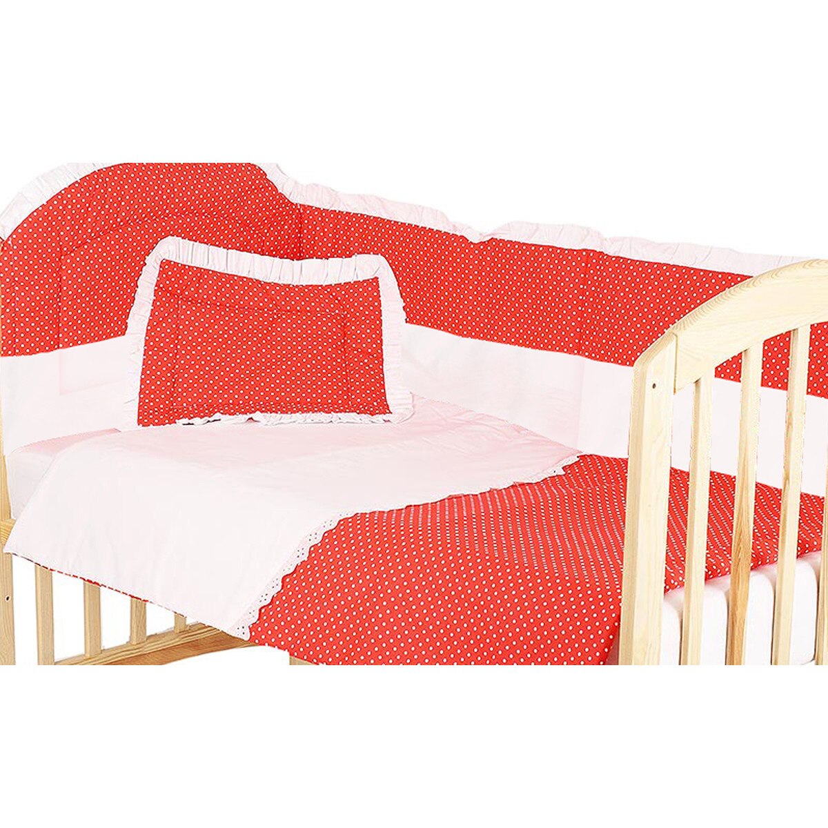 Lenjerie patut, 5 piese, rosu cu buline albe, 120x60 cm