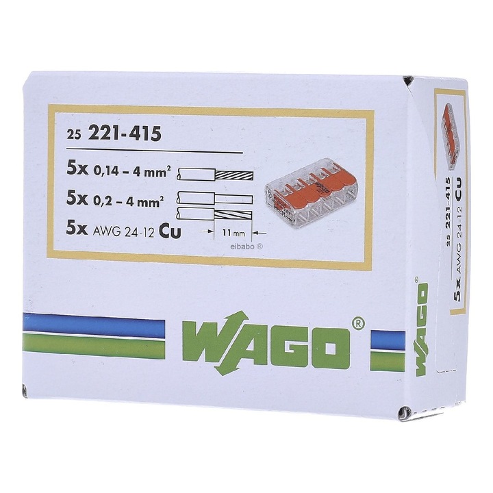 Пружинна 5-проводна клема WAGO COMPACT, 221-415, до 4.0mm2, 450V/32A
