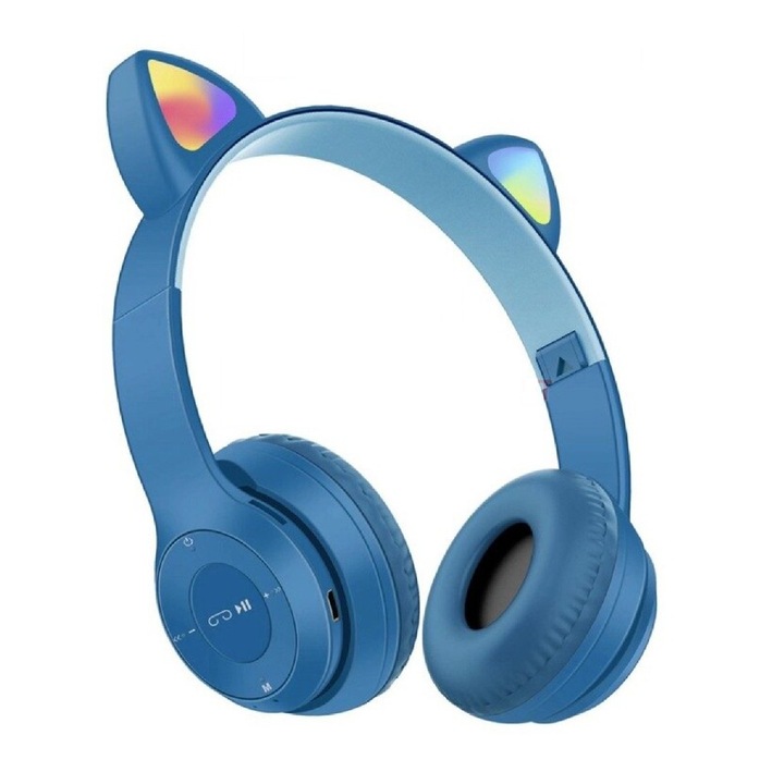 Y47 безжични слушалки с котешки уши, сгъваеми, Bluetooth 5.0, RGB интерактивни светодиоди, слот за TF карта, MP3/WAV възпроизвеждане, Navy Blue