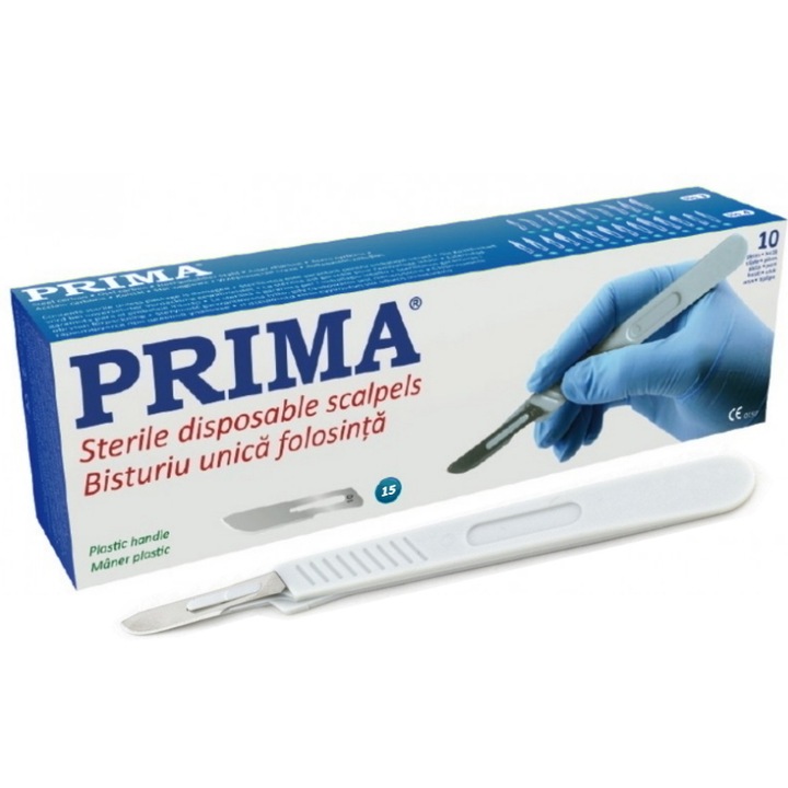 Set 10 bucati bisturiu de unica folosinta cu maner plastic, otel-carbon nr. 15, steril