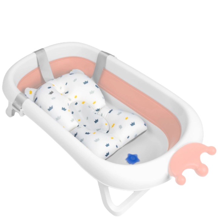 Cadita pliabila pentru baie copii DacEnergy©, pliabila, picioare antiderapante, dop senzor de temperatura, perna inclusa, maxim 45 kg, 50 x 21 cm, roz si alb