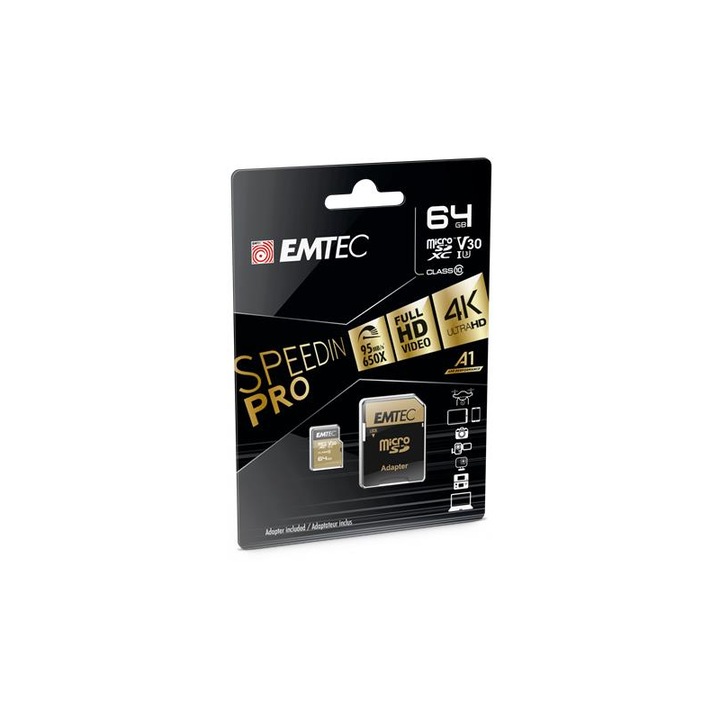 Card de memorie, Emtec, MicroSDXC, 64 GB, UHS-I/U3/V30/A2, 100/95 MB/s, Adaptor, Negru/Auriu
