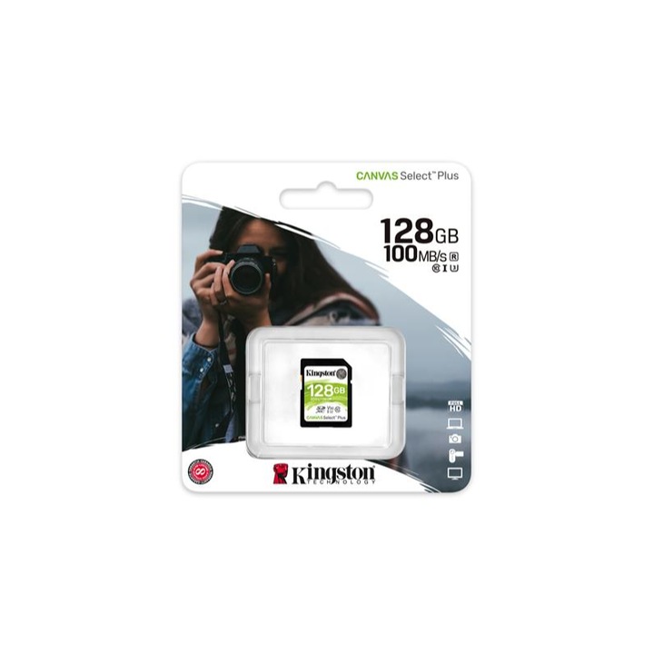 Memóriakártya, SDXC, 128GB, CL10/UHS-I/U3/V30, KINGSTON Canvas Select Plus
