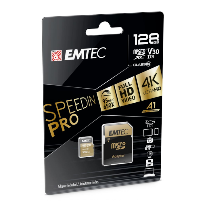 Карта памет 128 GB microSDXC Emtec SpeedIN Pro USH-I U3 V30 + адаптер (ECMSDM128GXC10SP) (ECMSDM128GXC10SP)