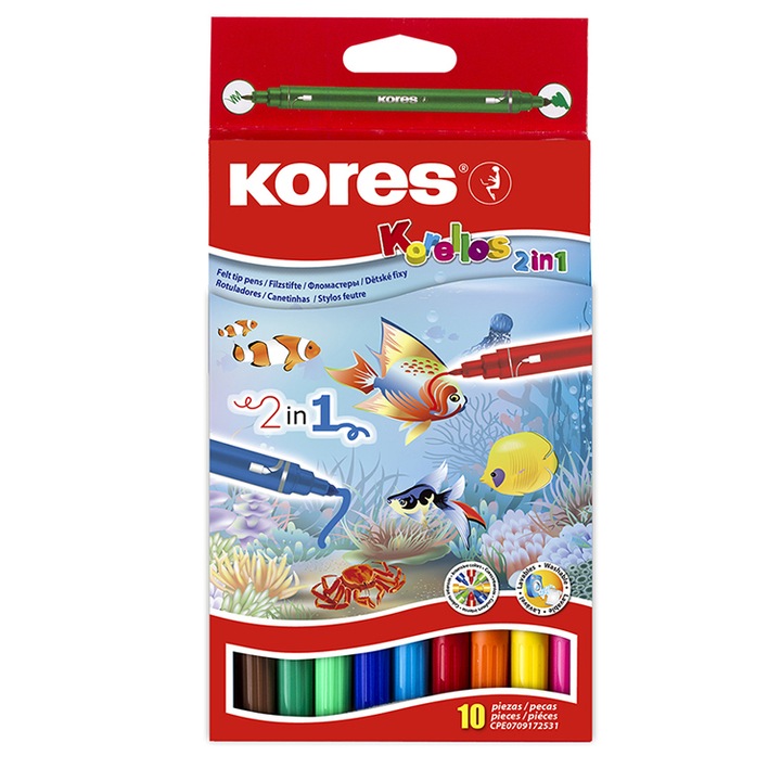 Filctoll készlet, 1-3 mm, kimosható, KORES Korellos 2in1, 10 különböző szín