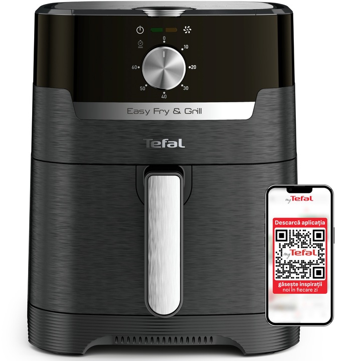 Friteuza cu aer cald Tefal Easy Fry & Grill air fryer EY501815, 1400W, capacitate 4.2L, functie grill, 8 programe, temperatura ajustabila 80 - 200°C, tehnologie Extra-Crisp, invelis antiaderent, oprire automata, negru/argintiu