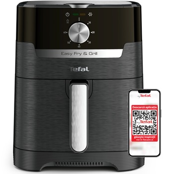 Friteuza cu aer cald Tefal Easy Fry & Grill air fryer EY501815, 1400W, capacitate 4.2L, functie grill, 8 programe, temperatura ajustabila 80 - 200°C, tehnologie Extra-Crisp, invelis antiaderent, oprire automata, negru/argintiu