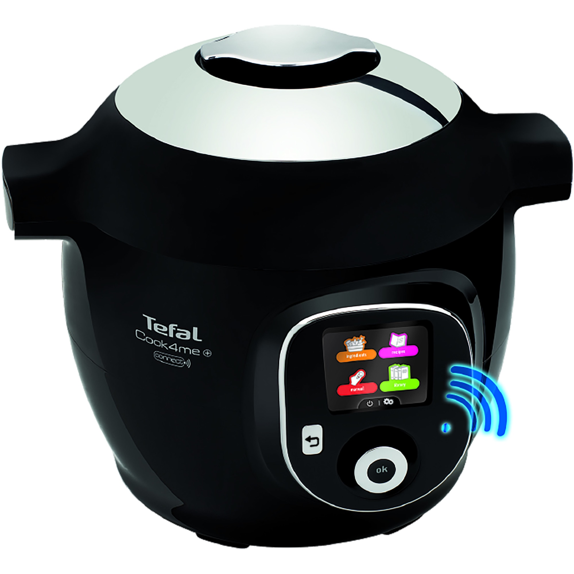 Multicooker inteligent cu gatire sub presiune Tefal Cook4Me+ Connect CY855830, 1600W, vas cu invelis ceramic 6L, 150 retete preinstalate, 6 moduri de gatire, aplicatie dedicata, negru
