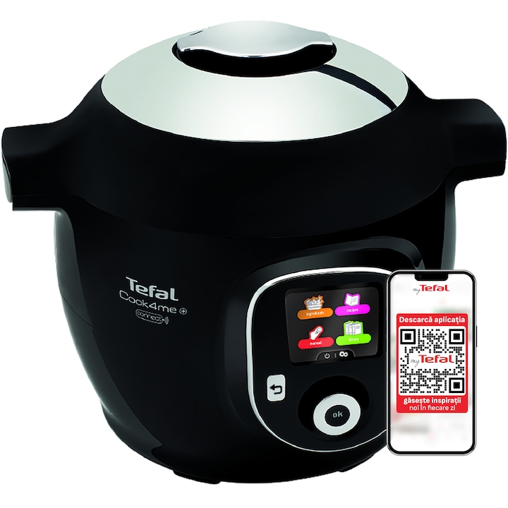 Multicooker inteligent cu gatire sub presiune Tefal Cook4Me+ Connect CY855830, 1600W, vas cu invelis ceramic 6L, 150 retete preinstalate, 6 moduri de gatire, aplicatie dedicata, negru