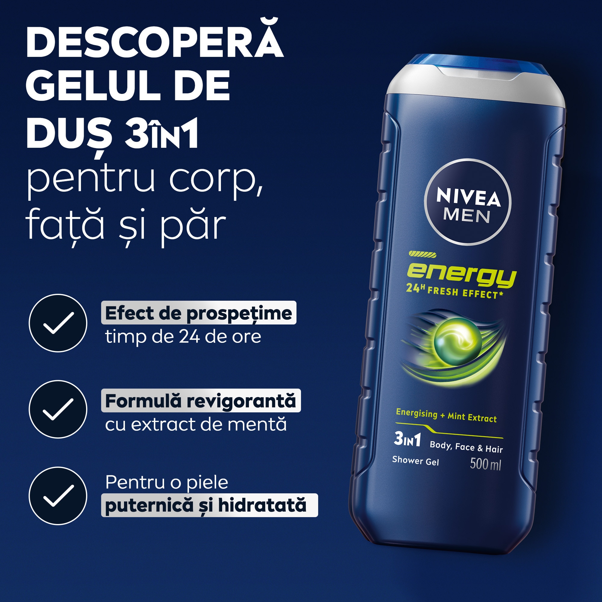 Gel de dus NIVEA MEN Energy, 3 in 1, pentru corp, fata si par 500