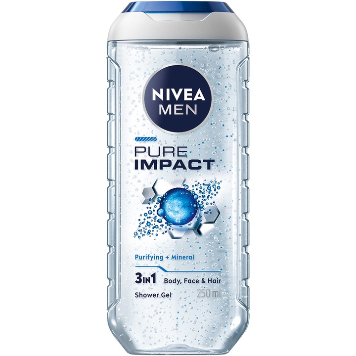 Gel de dus NIVEA MEN Pure Impact, 3 in 1, pentru corp, fata si par 250 ml