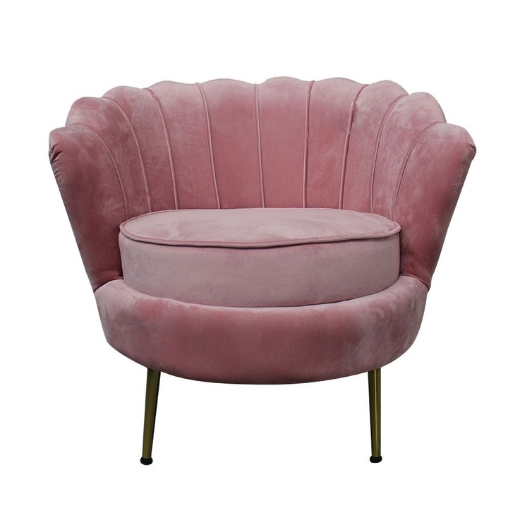 Fotoliu Fleur,80x78x73 cm, culoare roz, tapitat textil aspect catifea, picioare metal auriu, perna sezut inclusa