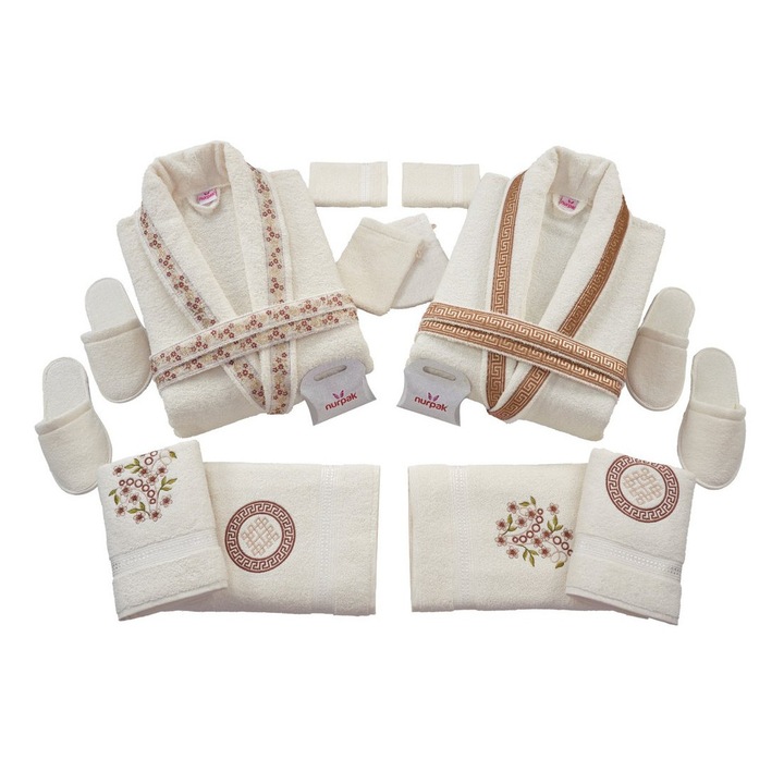 Хавлии и халати от 100% памук, 16 бр, Бял/Бордо, Универсален