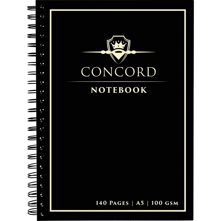 Agenda Pukka Pads Concord A5 cu spirala, 140 pagini, hartie Premium 100 gsm, cu microperforatii, negru