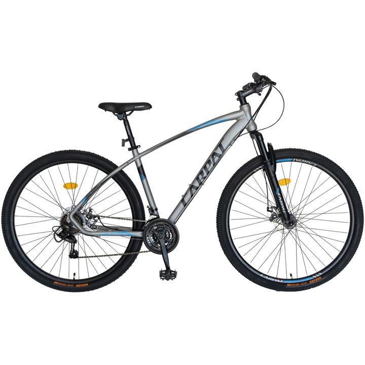 Bicicleta MTB Carpat Invictus C2757C, schimbator Shimano Tourney, 21 Viteze, cadru aluminiu, roti 27.5 inch, frane pe disc, gri cu design albastru/negru