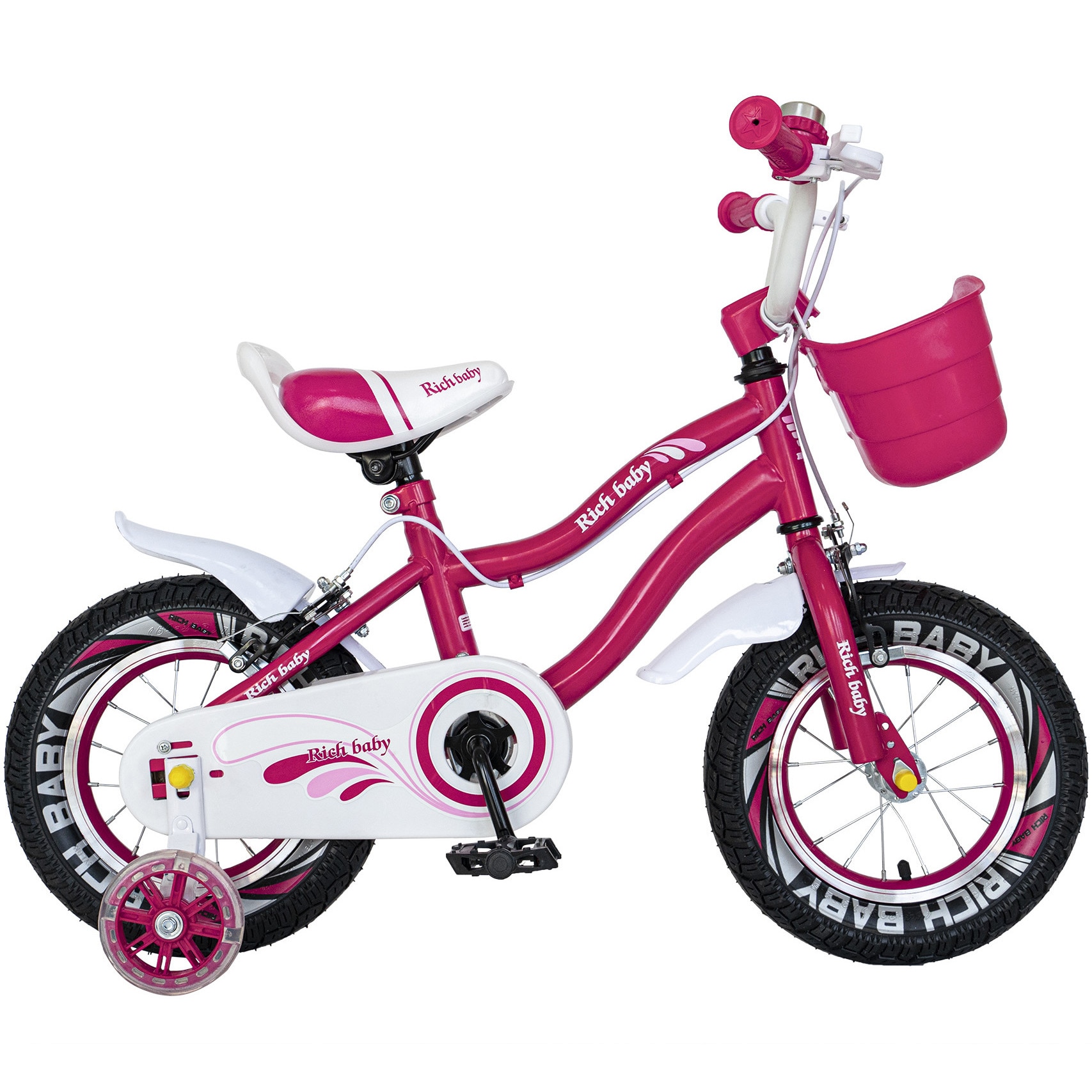بيتزا قذر فيروس  Bicicleta Copii 3-5 ani, Roti 14 Inch, C-Brake, Roti Ajutatoare cu LED,  Rich Baby R1404A, Cadru Fucsia cu Design Alb - eMAG.ro