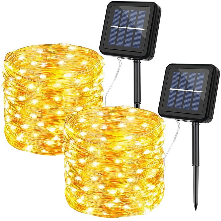 Комплект коледни лампички, PVC/Мед, 100 LED, 12 м, 8 режима на осветление, Топло бяло, 2 броя