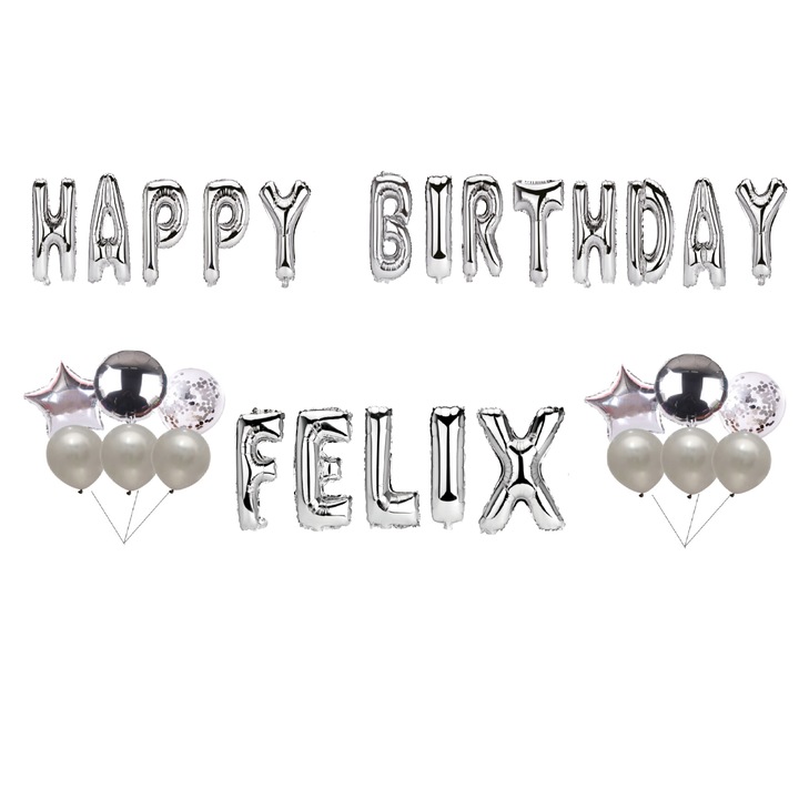 "Boldog születésnapot Felix" lufi szett, tortadísz, ezüst, 35 db