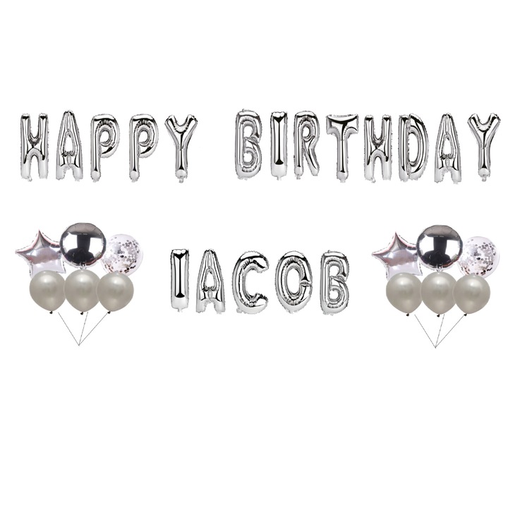 Boldog születésnapot Jacob lufi készlet, tortafeltét, ezüst, 35 db