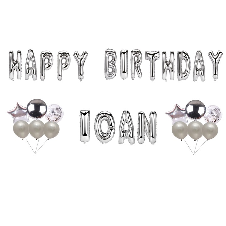 Комплект балони Happy Birthday Ioan, топер за торта, сребро, 35 бр