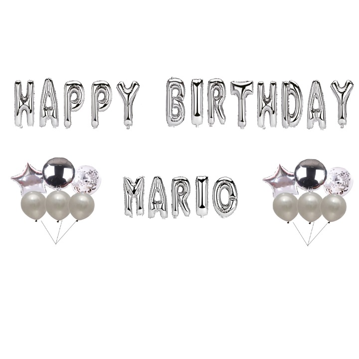 Boldog születésnapot Mario lufi készlet, tortafeltét, ezüst, 35 db