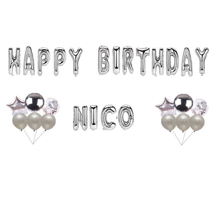 Комплект балони Happy Birthday Nico, топер за торта, сребро, 35 бр