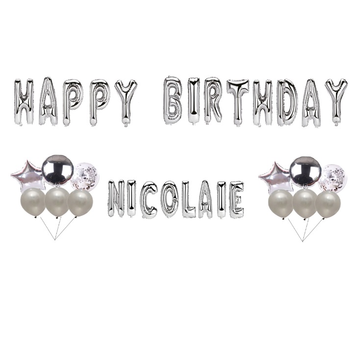 Boldog születésnapot Nicolaie lufi készlet, tortafeltét, ezüst, 35 db