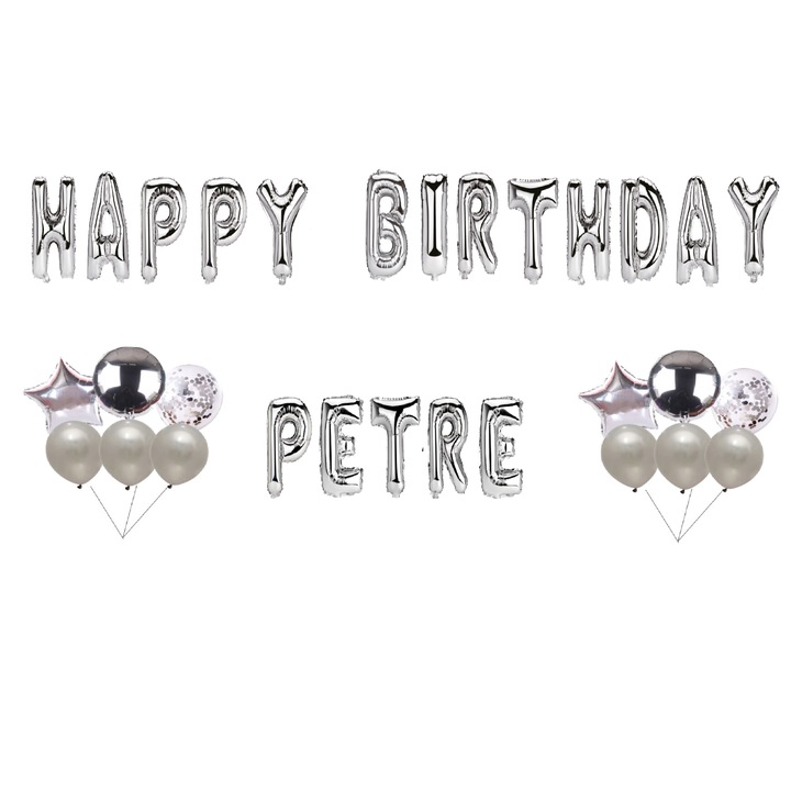 Boldog születésnapot Petre lufi készlet, tortafeltét, ezüst, 35 db