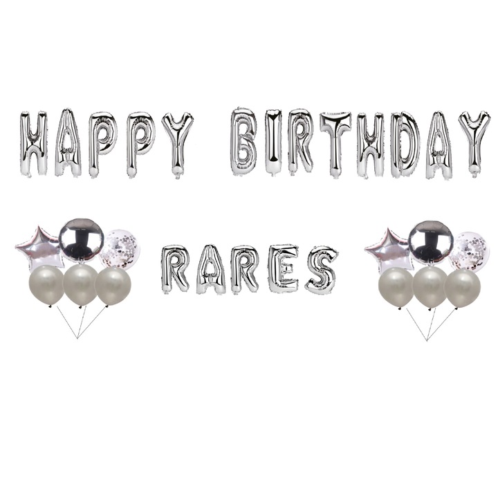 Boldog születésnapot Rares lufi készlet, tortafeltét, ezüst, 35 db