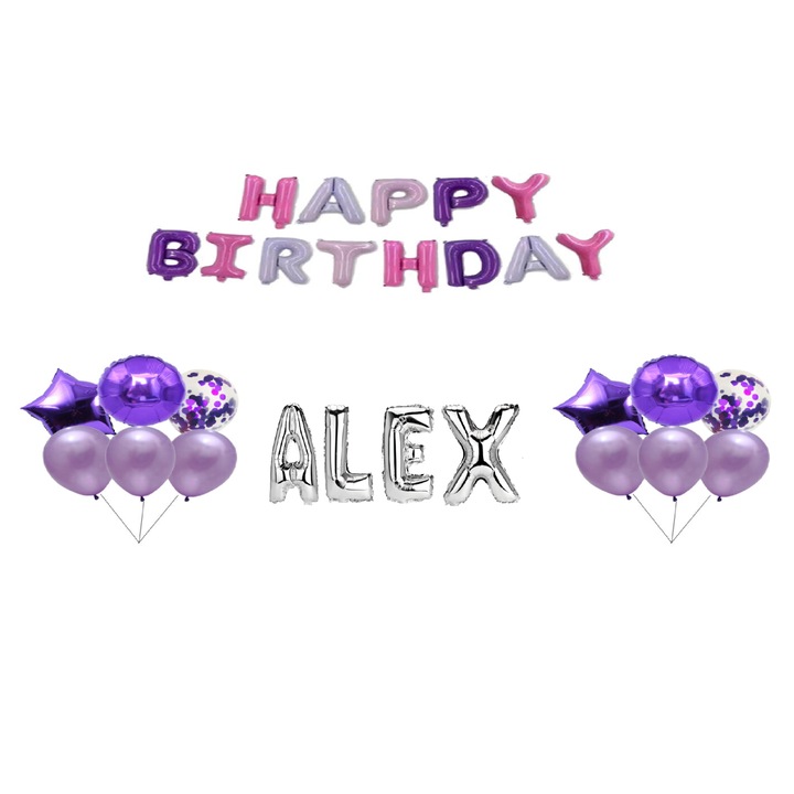 Boldog születésnapot Alex, lufi szett, tortafeltét, többszínű és ezüst, 35 db
