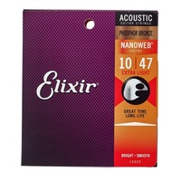 Set 6 Corzi, Elixir, Pentru Chitara Acustica, Grosime 10-47 Extra Light, Nanoweb, Phosphor Bronze