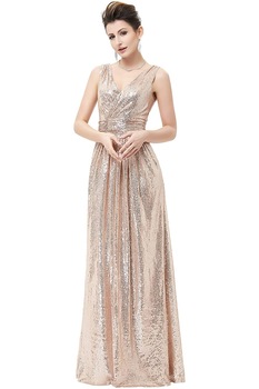 JUP - Дамска елегантна рокля с пайети Kate Kasin 182771276 10-23, V-образно деколте и гръб, Без ръкави, Розово злато, 34/XS