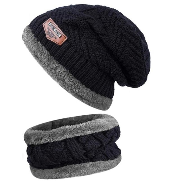 Комплект зимна шапка и шал, ASKSA, плетен модел, за мъже и жени, черен