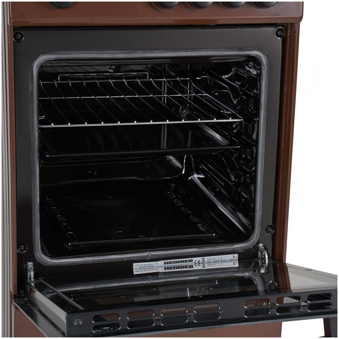 Aragaz Heinner HFSC-V50BRW, 4 arzatoare, Gaz, Dispozitiv de siguranta plita/cuptor, 50 cm, Maro