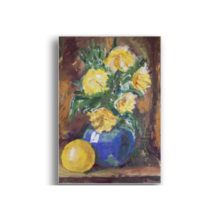Картина Printly, Цветя в синя ваза, Дървена рамка, 100x70cm, Многоцветен