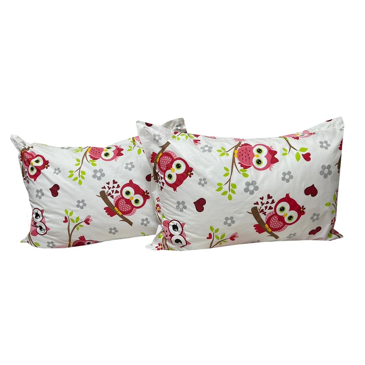 Set doua huse de perna, pentru copii, 50X70cm, alb/rosu, din colectia "Poveste cu bufnite" din bumbac ranforce, by Liz Line - SPR50/70212